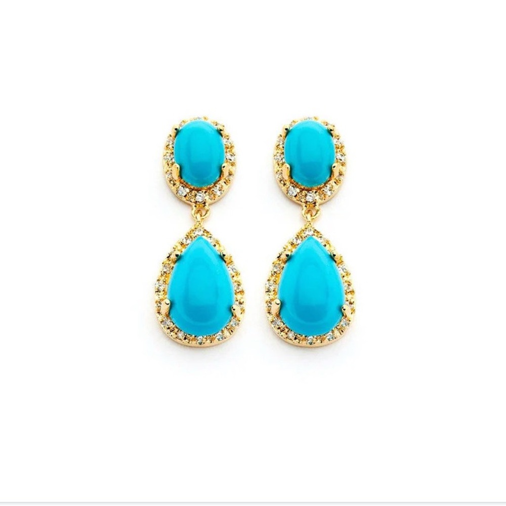 Turquoise gold plated teardrop round dangling earrings .